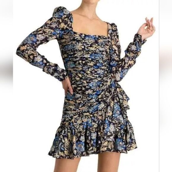 ML MONIQUE LHUILLIERRuched floral-print metallic fil coupé mini dress EUC - Picture 2 of 13